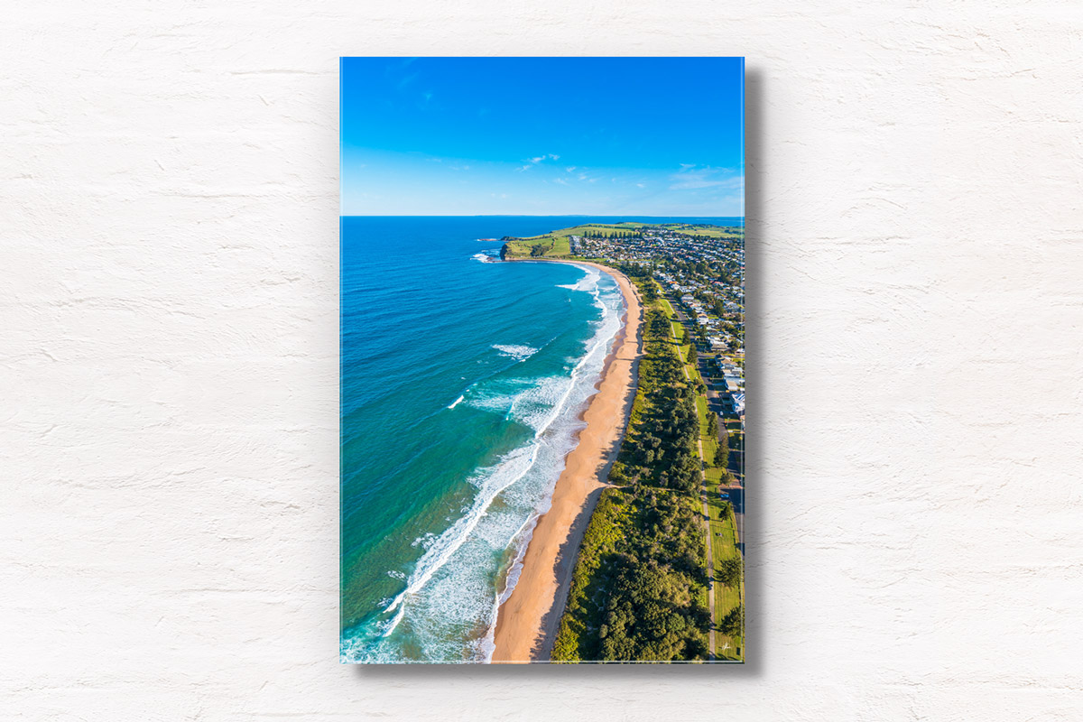 Aerial view above Werri Beach, Gerringong on a clear day. Framed art photography wall art print by Allan Chan.