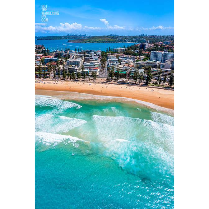 Aerial photo looking back towards The Corso from Manly Beach on a beautiful clear day.