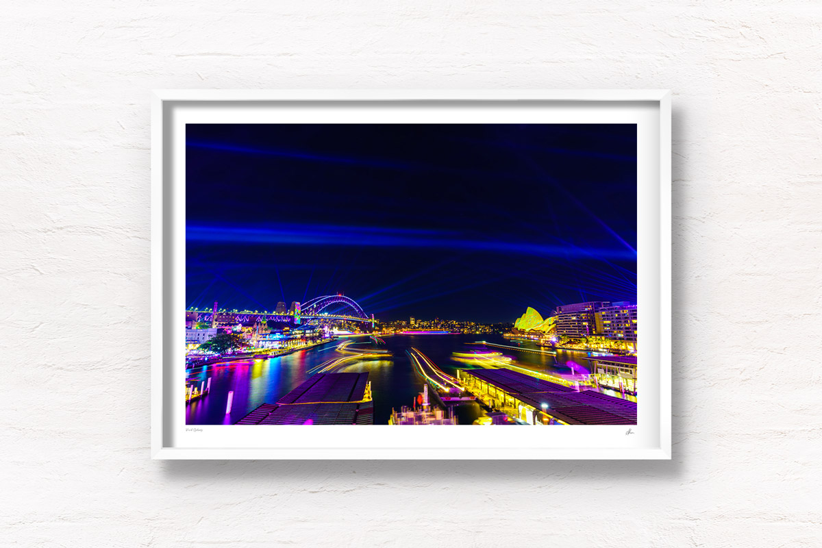 Long exposure, light trail photography of Vivid Sydney Harbour Bridge. Framed art photography wall art print by Allan Chan.