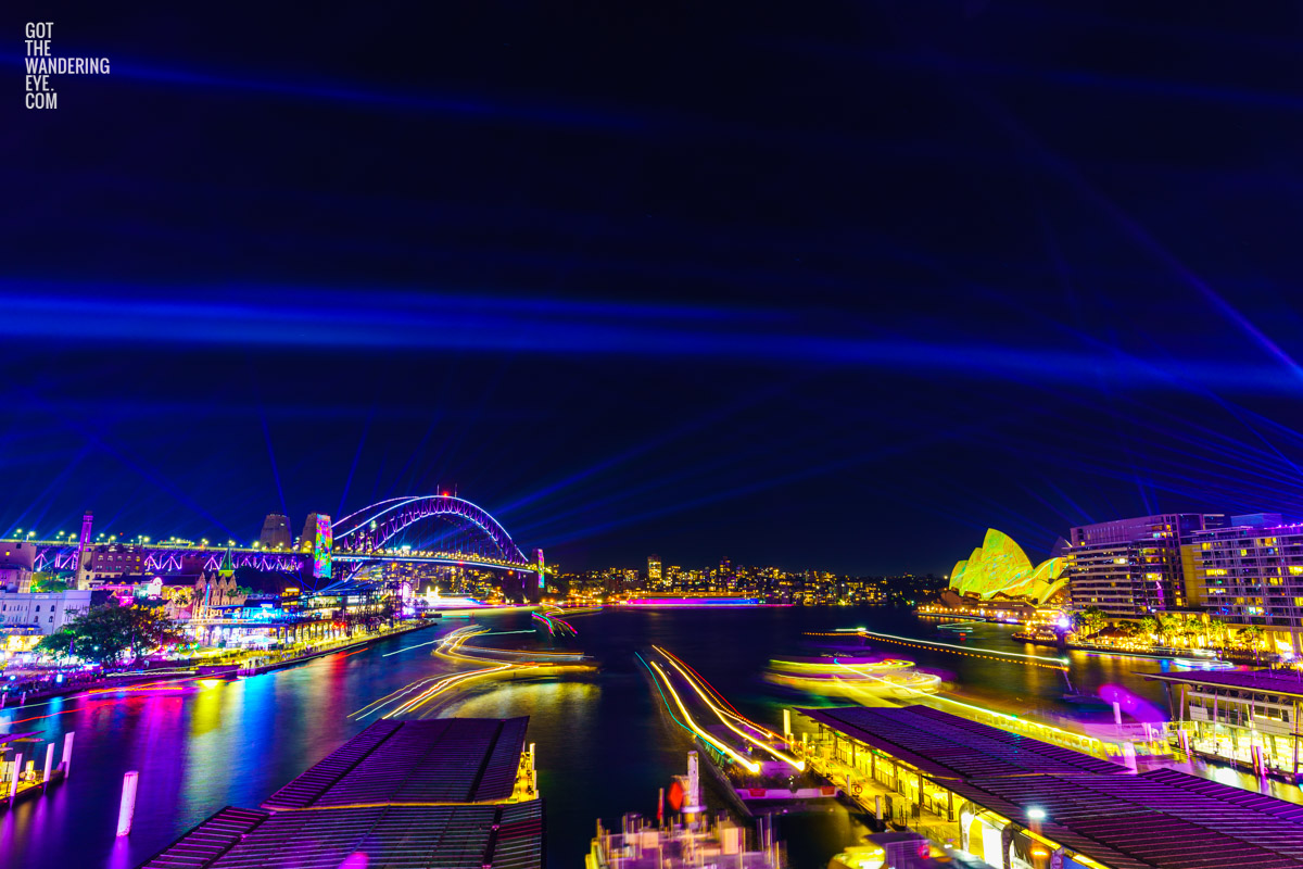 Long exposure, light trail photography of Vivid Sydney Harbour Bridge.