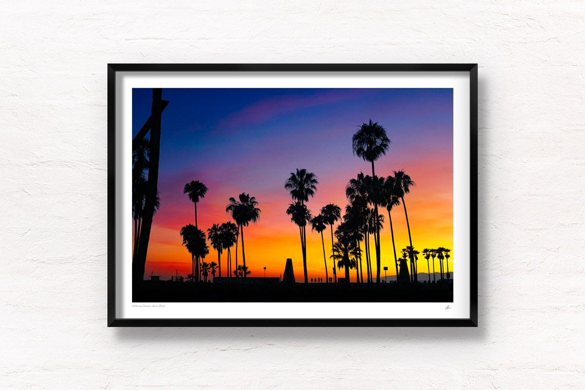 California Dreamin Venice Beach. Incredible vibrant, fiery sunset sky, palm tree silhouettes. Framed art photography, wall art prints by Allan Chan.