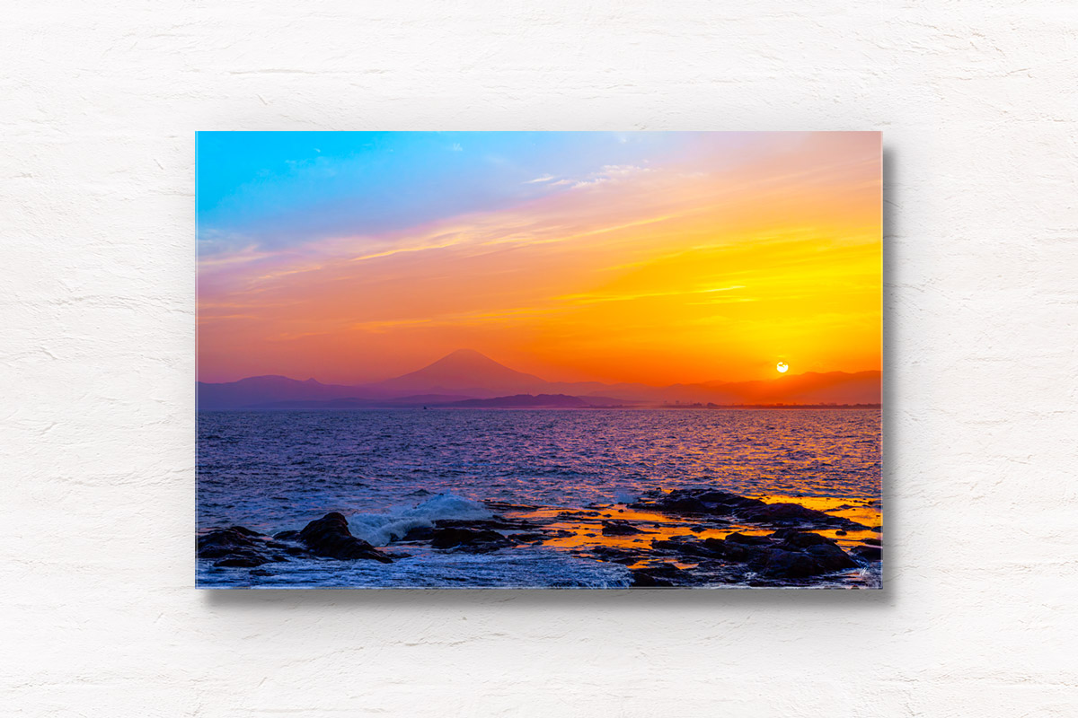 Hot Plate Mount Fuji Sunset. Fiery warm sky taken from Enoshima Island. Framed art photography, wall art prints by Allan Chan.