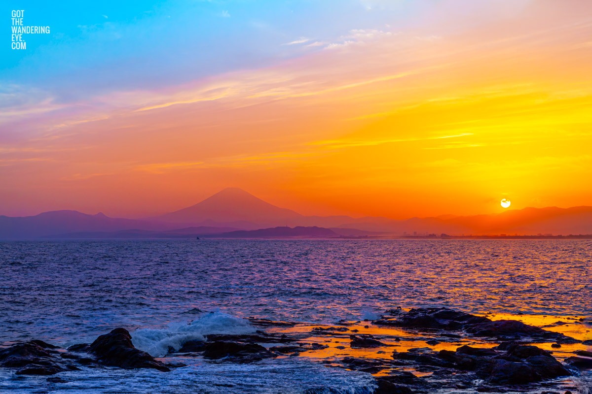 Hot Plate Mount Fuji Sunset. Fiery warm sky taken from Enoshima Island. Framed art photography, wall art prints by Allan Chan.