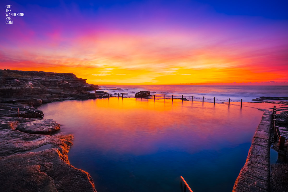 Mahon Pool morning sunrise. Fiery warm sunrise, long exposure photography. Framed art photography, wall art prints by Allan Chan.