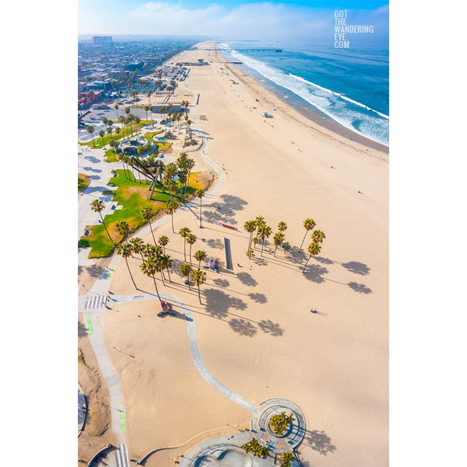 Venice Beach California Aerial above the palm trees and bike path boardwalk.