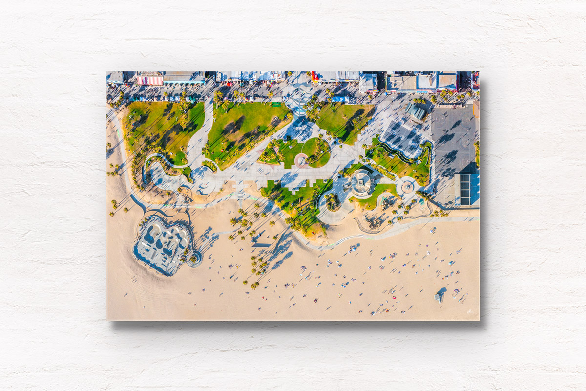 Aerial view above Venice Beach Fun Park, boardwalk in Los Angles, California. Framed art photography, wall art prints by Allan Chan.