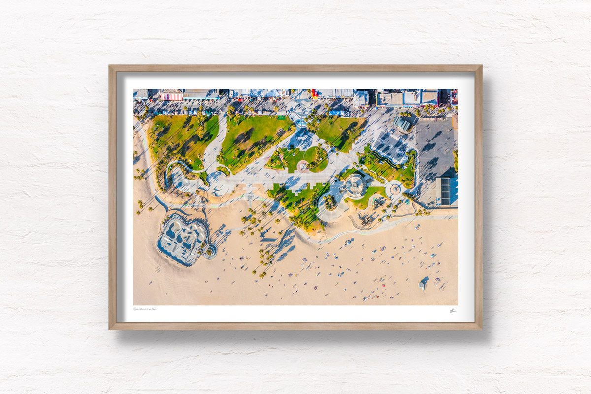 Aerial view above Venice Beach Fun Park, boardwalk in Los Angles, California. Framed art photography, wall art prints by Allan Chan.