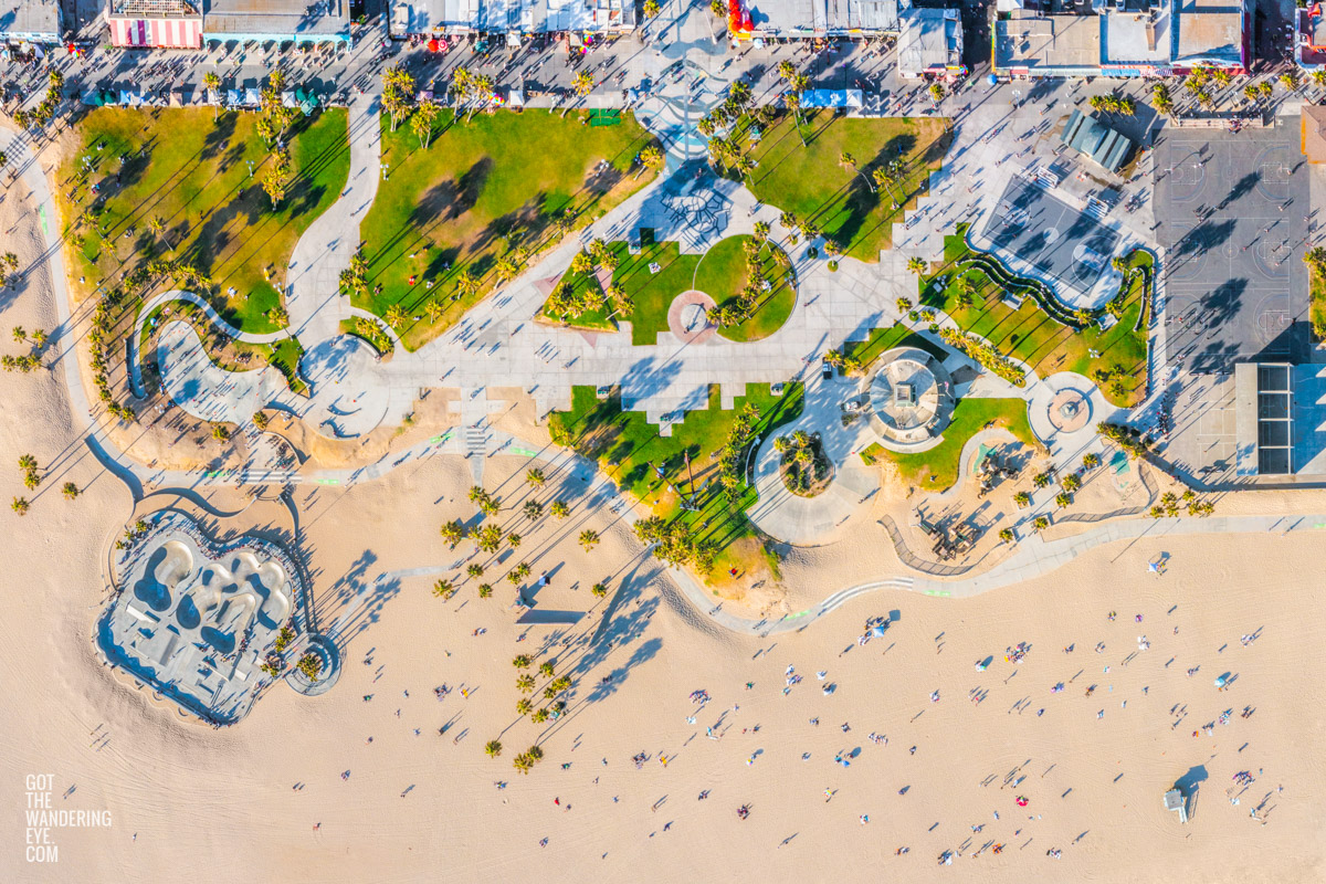 Aerial view above Venice Beach Fun Park, boardwalk in Los Angles, California.
