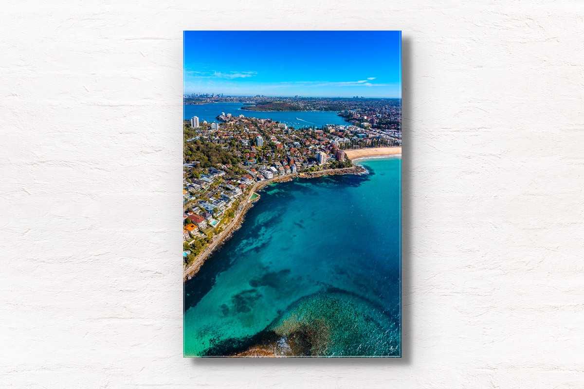 Cabbage Tree Bay Aquatic Reserve aerial photography. Aerial view looking back towards the Sydney City CBD skyline on a sunny clear day. Framed art photography, wall art prints by Allan Chan.