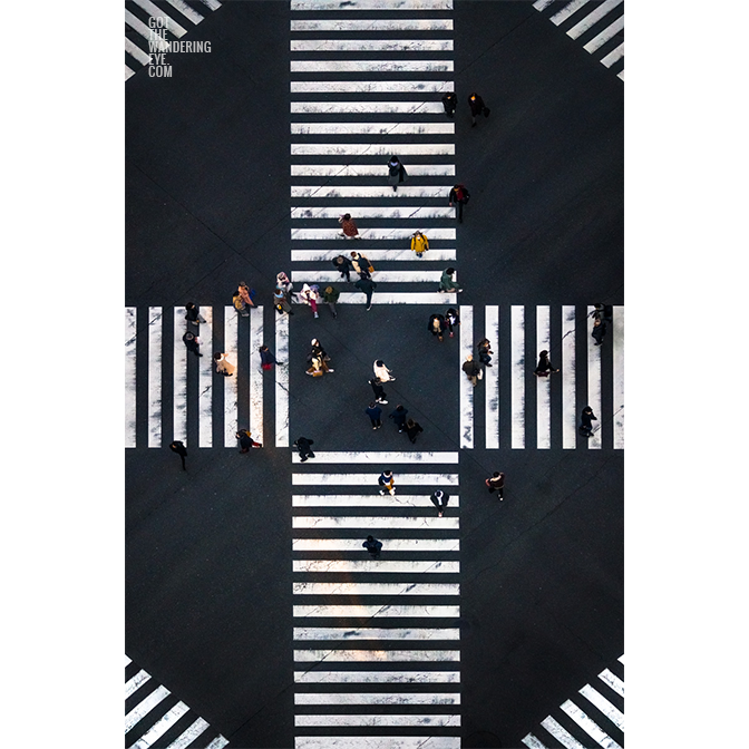Crosshair Crosswalk Tokyo Aerial above pedestrians in Japan.