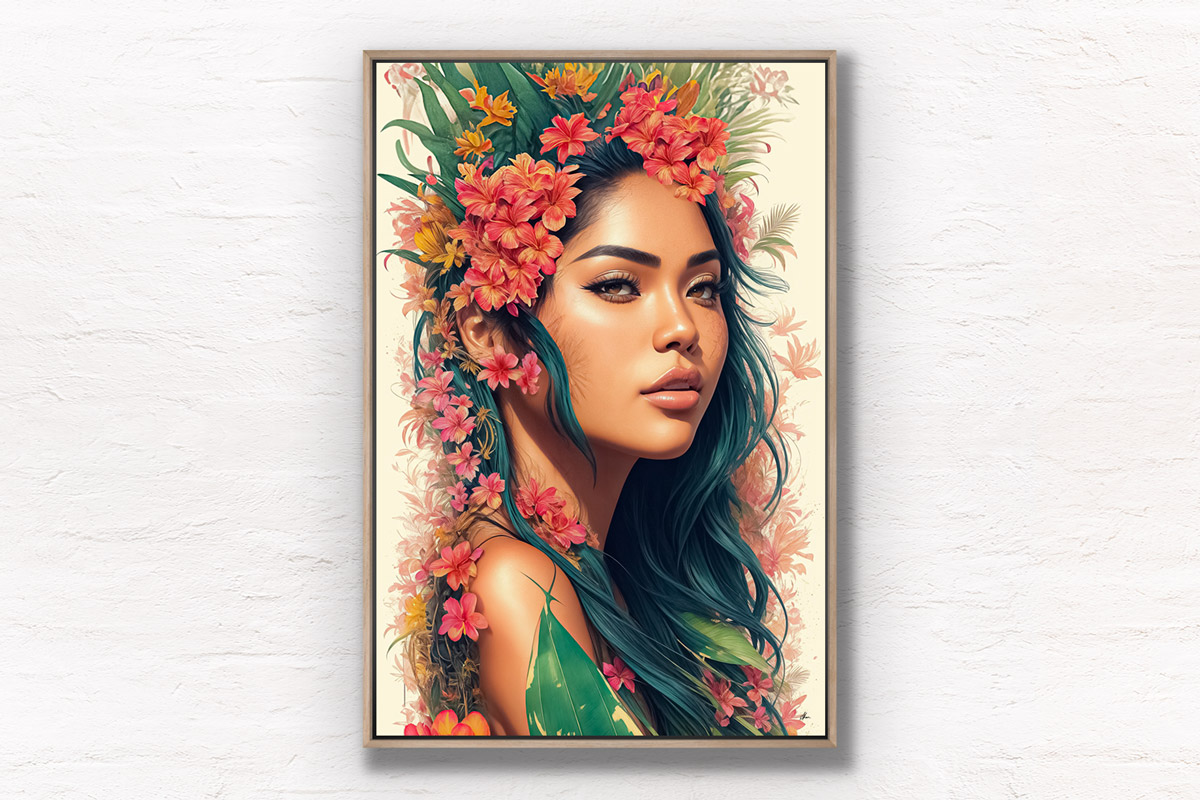 Hawaiian Woman Flower Lei. Beautiful Hawaiian Flower girl poster wall art print by Allan Chan. Canvas Float Frame with Oak Frame.