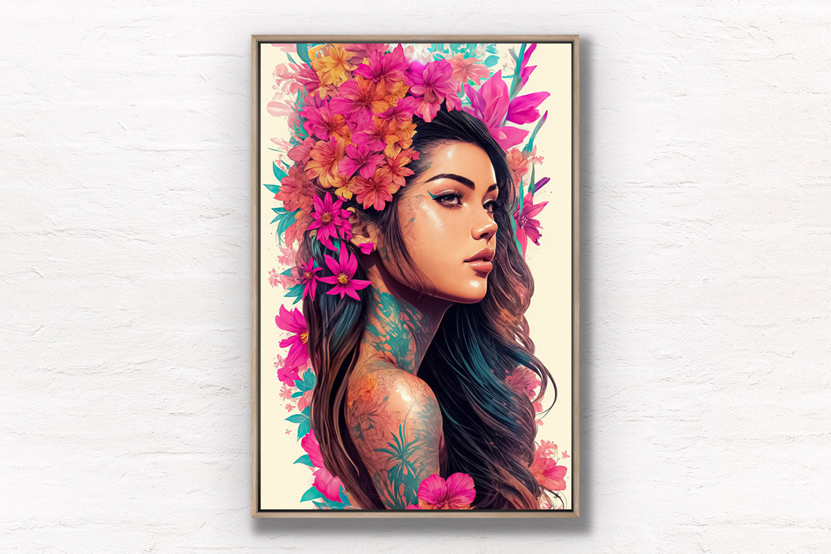 Hawaiian Portrait Flower Art. Beautiful Hawaiian Flower girl poster wall art print by Allan Chan. Canvas Float Frame with Oak Frame.