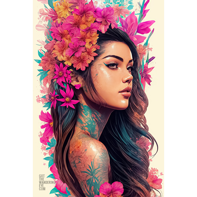 Hawaiian Portrait Flower Art. Beautiful Hawaiian Flower girl poster wall art print by Allan Chan.