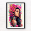 Hawaiian Portrait Flower Art. Beautiful Hawaiian Flower girl poster wall art print by Allan Chan. Black Framing.