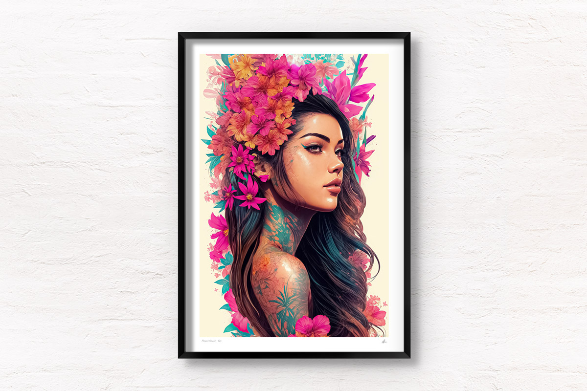 Hawaiian Portrait Flower Art. Beautiful Hawaiian Flower girl poster wall art print by Allan Chan. Black Framing.