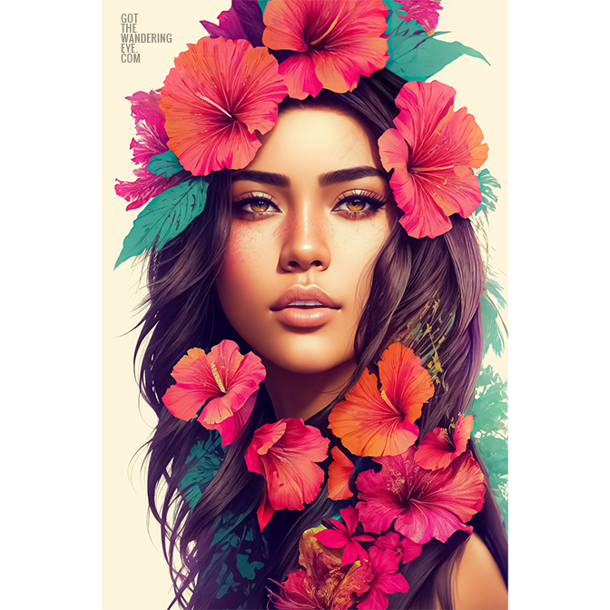 Hawaiian Flower Girl Art. Beautiful Hawaiian Flower girl poster wall art print by Allan Chan.
