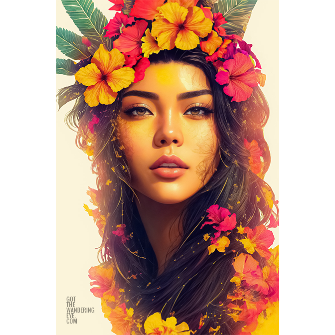 Hawaiian Floral Lei Portrait. Beautiful Hawaiian Flower girl poster wall art print by Allan Chan.