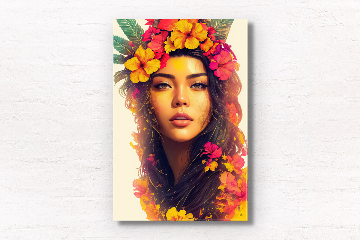 Hawaiian Floral Lei Portrait. Beautiful Hawaiian Flower girl poster wall art print by Allan Chan.