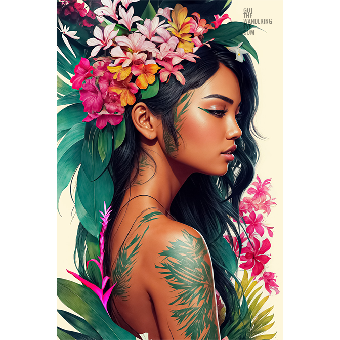 Hawaiian Tropical Flower Portrait. Beautiful Hawaiian Flower girl poster wall art print by Allan Chan.
