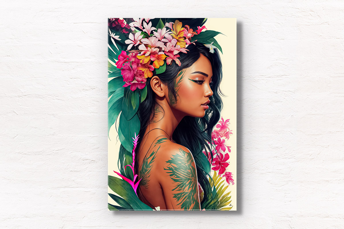 Hawaiian Tropical Flower Portrait. Beautiful Hawaiian Flower girl poster wall art print by Allan Chan.