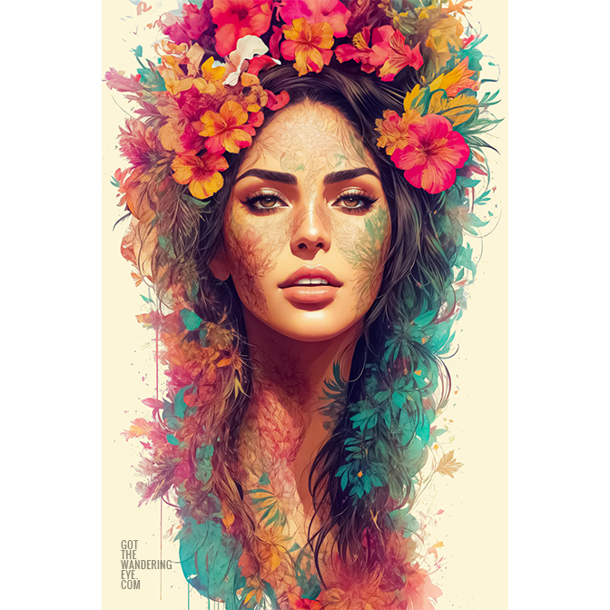 Hawaiian Woman Lei Art. Beautiful Hawaiian Flower girl poster wall art print by Allan Chan.