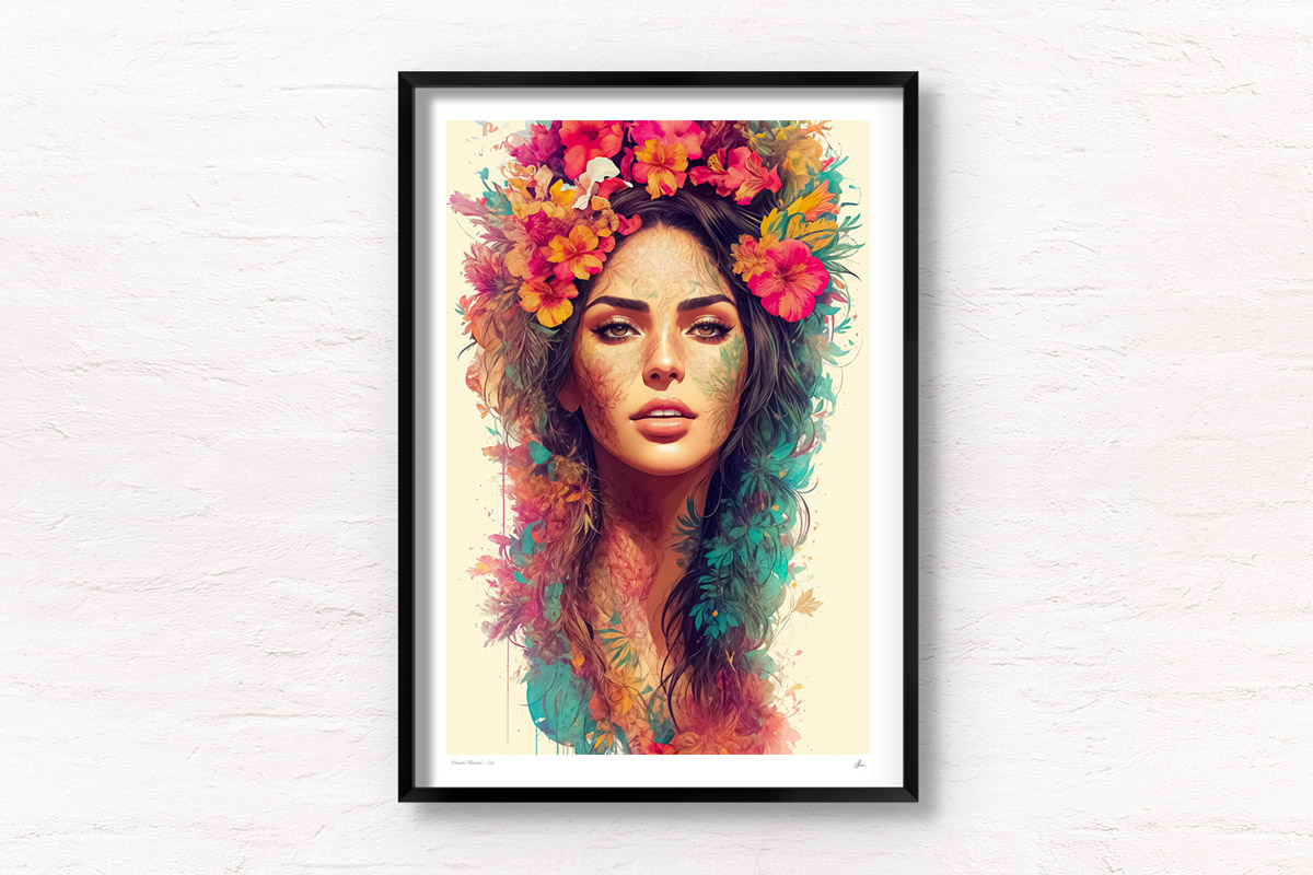 Hawaiian Woman Lei Art. Beautiful Hawaiian Flower girl poster wall art print by Allan Chan.