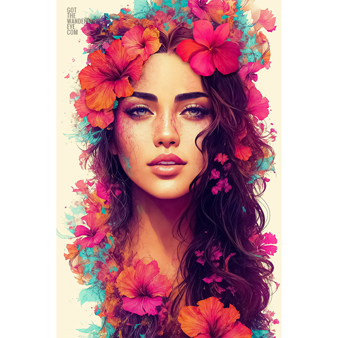 Hawaiian Portrait Flower Crown. Beautiful Hawaiian Flower girl poster wall art print by Allan Chan.