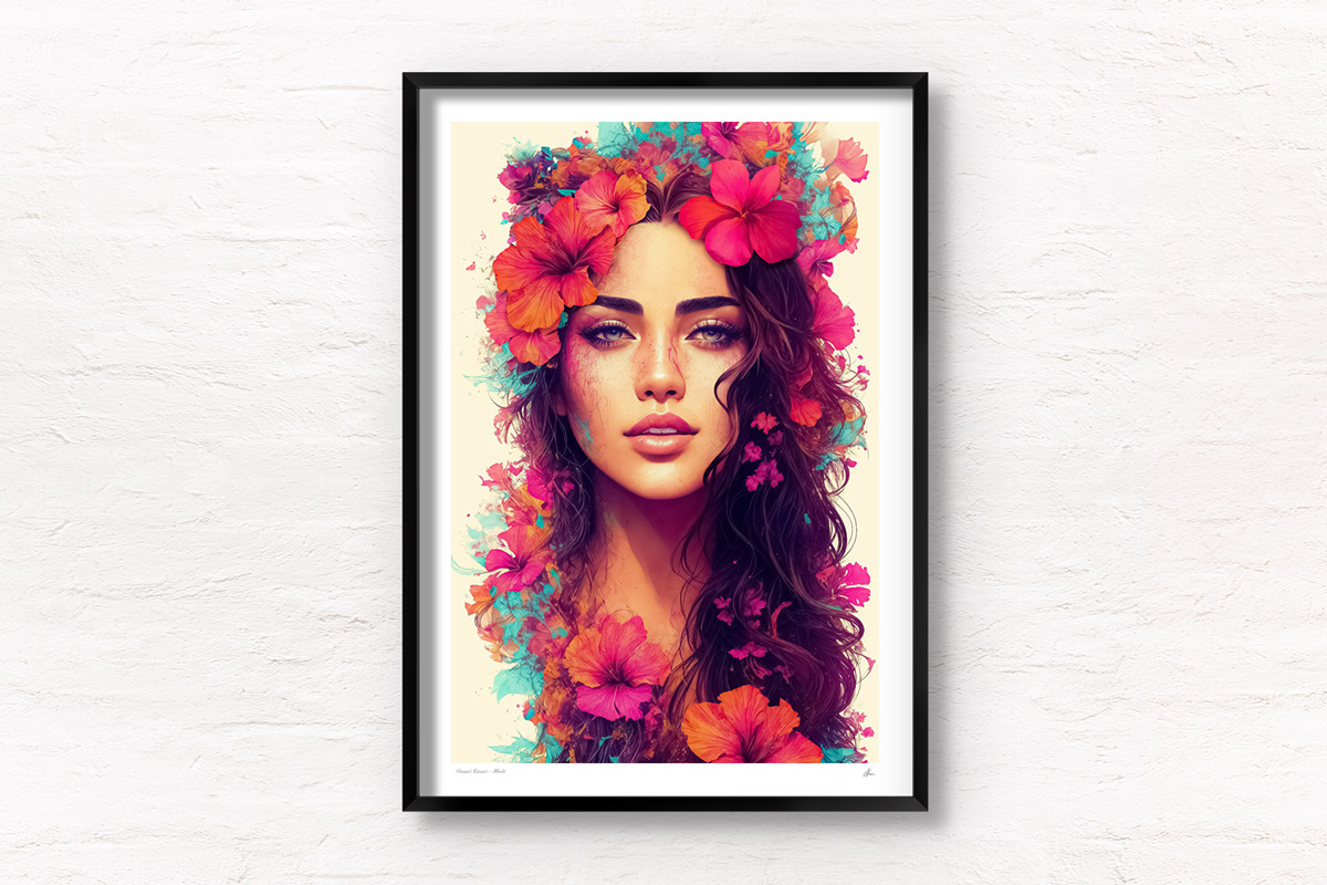Hawaiian Portrait Flower Crown. Beautiful Hawaiian Flower girl poster wall art print by Allan Chan. Black Framing.