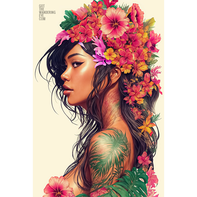 Tropical Floral Portrait Art. Beautiful Hawaiian Flower girl poster wall art print by Allan Chan.