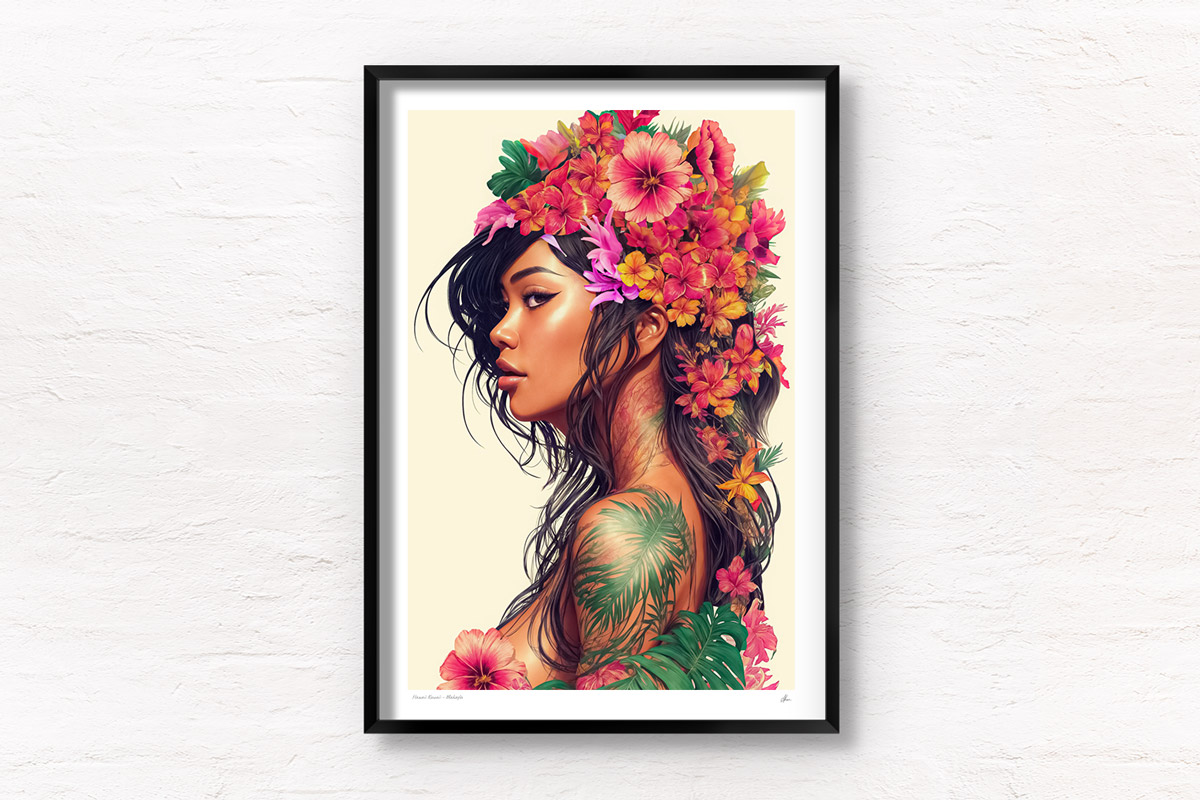 Tropical Floral Portrait Art. Beautiful Hawaiian Flower girl poster wall art print by Allan Chan.