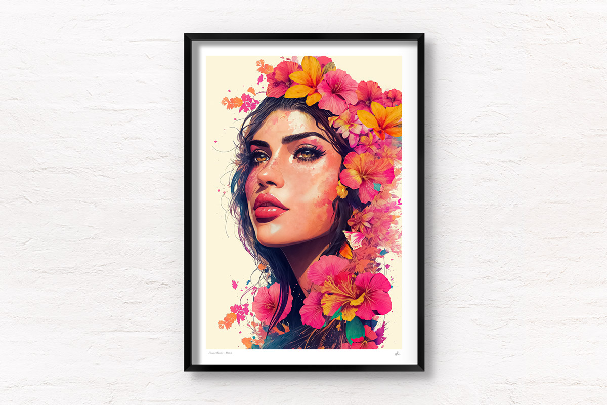 Hawaiian Tropical Flower Lei. Beautiful Hawaiian Flower girl poster wall art print by Allan Chan.