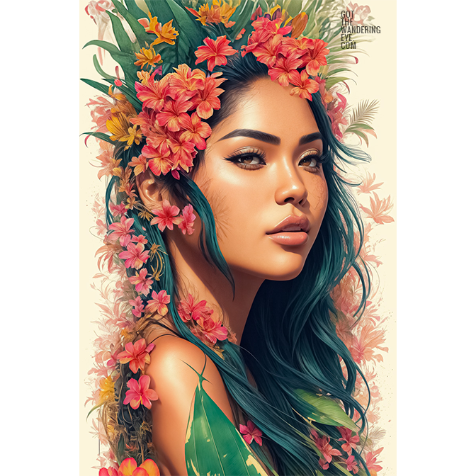Hawaiian Woman Flower Lei. Beautiful Hawaiian Flower girl poster wall art print by Allan Chan.