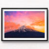 Mount Fuji Candlelight Sunset. Whispy clouds surrounding the peak of Mount Fuji on a golden pink sunset. Framed art photography, wall art prints by Allan Chan.