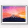 Mount Fuji Candlelight Sunset. Whispy clouds surrounding the peak of Mount Fuji on a golden pink sunset. Framed art photography, wall art prints by Allan Chan.