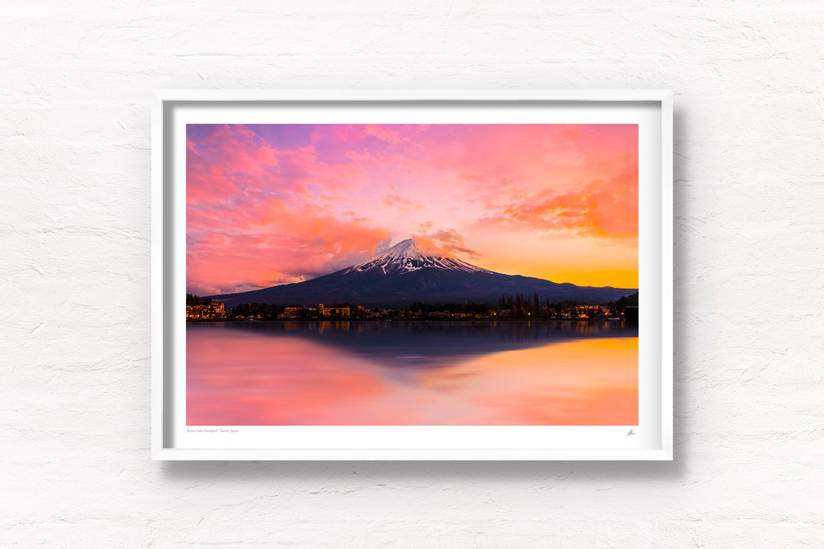 Serene Lake Kawaguchi Sunset. Vibrant pink and yellow long exposure sunset photo at the iconic Mount Fuji. Framed art photography, wall art prints by Allan Chan.