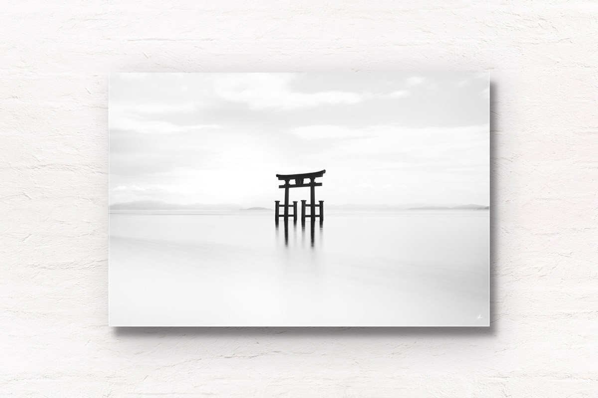 Shirahige Shrine Torii Gate long exposure black & white photography at Lake Biwa, Japan. Framed art photography, wall art prints by Allan Chan.