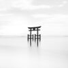Shirahige Shrine Torii Gate long exposure black & white photography at Lake Biwa, Japan.