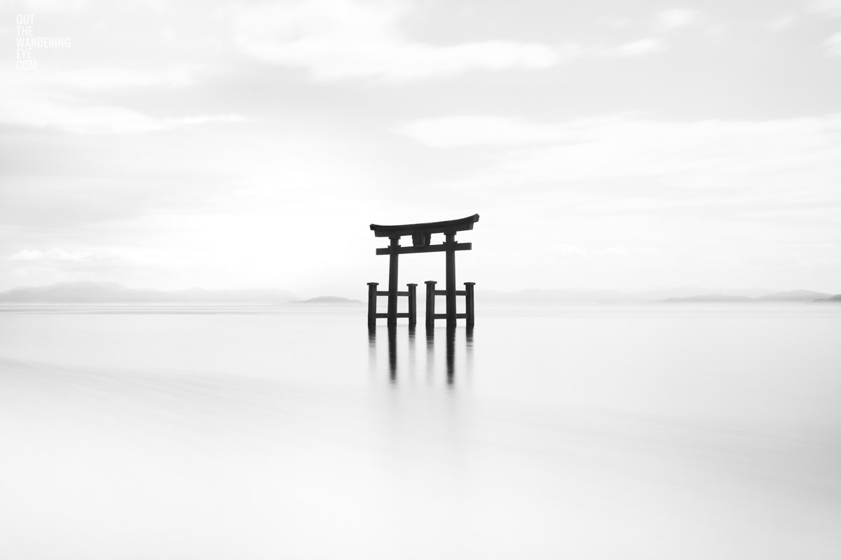Shirahige Shrine Torii Gate long exposure black & white photography at Lake Biwa, Japan.