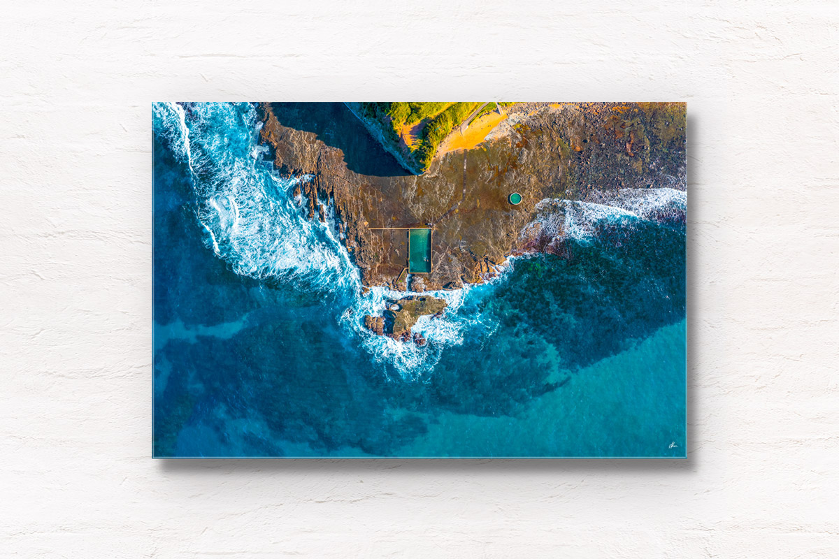 South Werri Ourie Ocean Pools view from above gerringong headland. Framed art photography, wall art prints by Allan Chan.