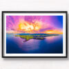 Sublime South Coast Sunset. Aerial view above Gerringong headlands looking back towards the mountains during a spectacular sunset. Framed art photography, wall art prints by Allan Chan.