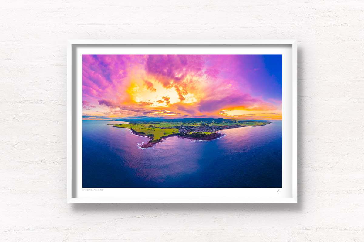 Sublime South Coast Sunset. Aerial view above Gerringong headlands looking back towards the mountains during a spectacular sunset. Framed art photography, wall art prints by Allan Chan.