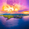 Sublime South Coast Sunset. Aerial view above Gerringong headlands looking back towards the mountains during a spectacular sunset.