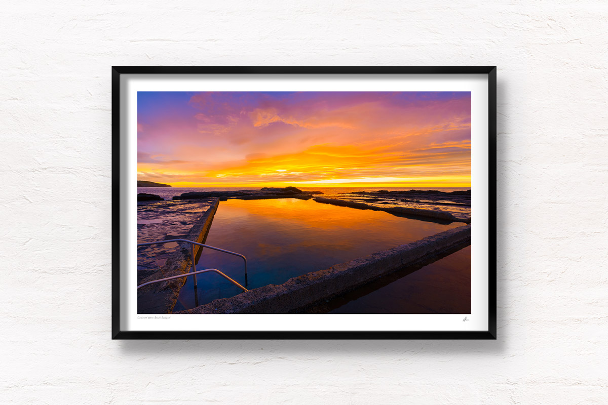 Sunkissed Werri Beach Rockpool during a spectacular morning sunrise in NSW South Coast. Framed art photography, wall art prints by Allan Chan.