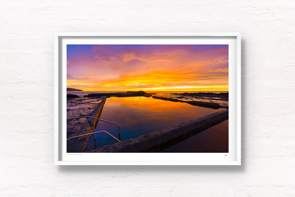 Sunkissed Werri Beach Rockpool during a spectacular morning sunrise in NSW South Coast. Framed art photography, wall art prints by Allan Chan.