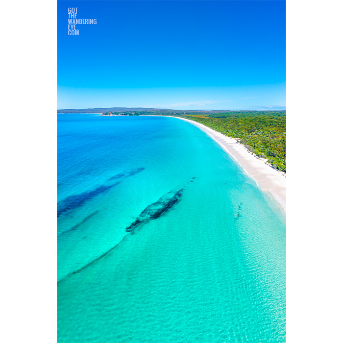Hyams Beach Beauty. Aerial view above crystal clear, turquoise waters of Jervis Bays finest beach.