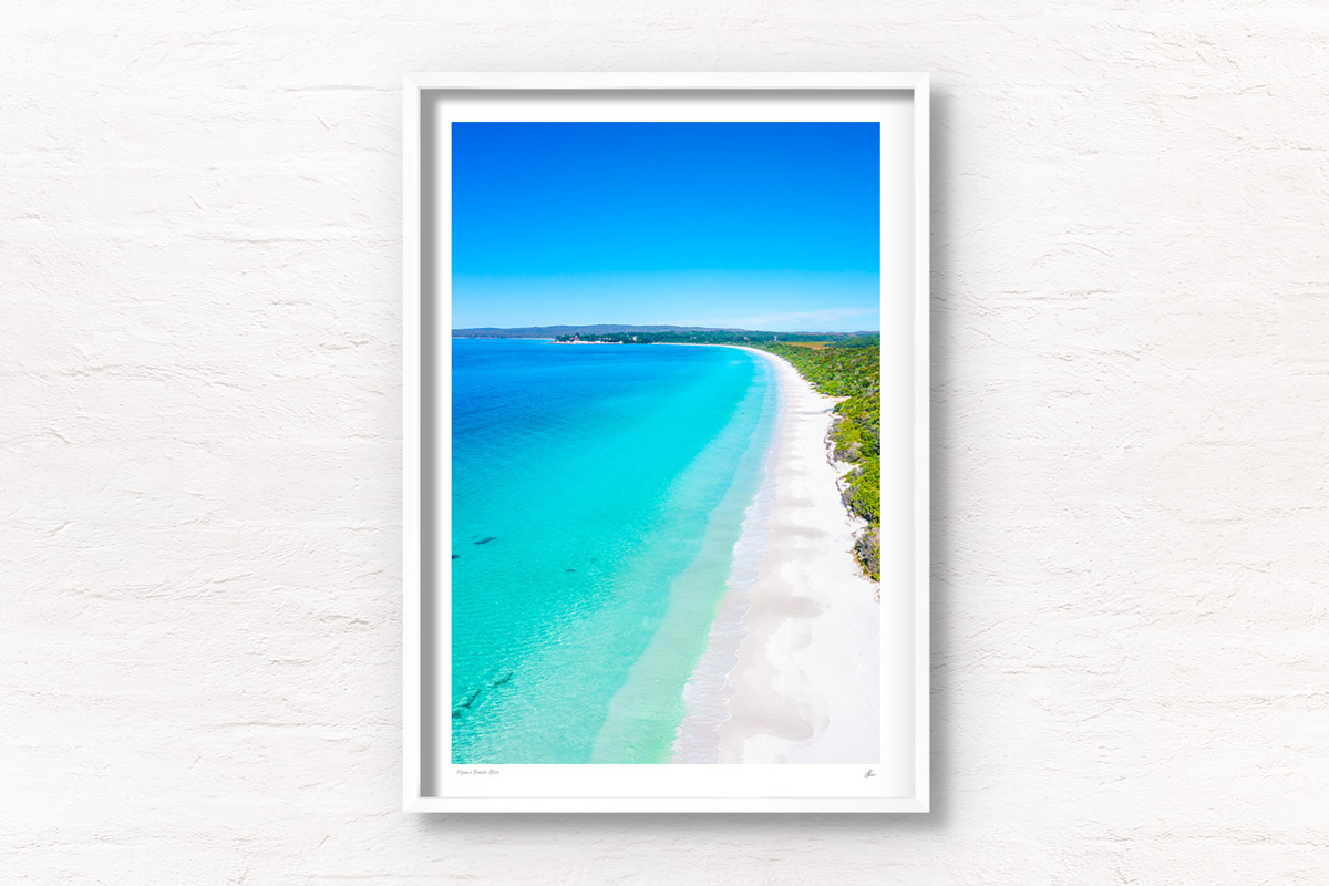 Hyams Beach Bliss. Aerial view above crystal clear, turquoise waters of NSW South Coast's whitest sand beach. Framed art photography, wall art prints by Allan Chan.