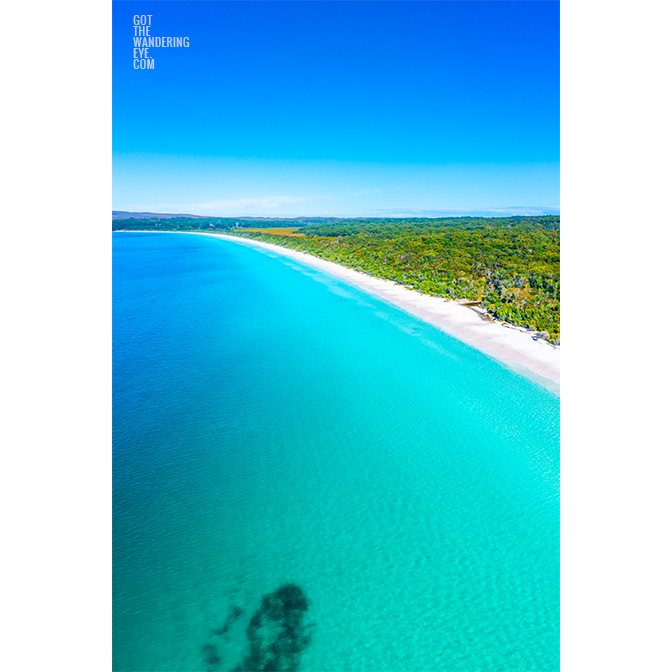 Hyams Beach Heaven. Aerial view above the whitest sand beach in the world in the spectacular Jervis Bay in the NSW South Coast.