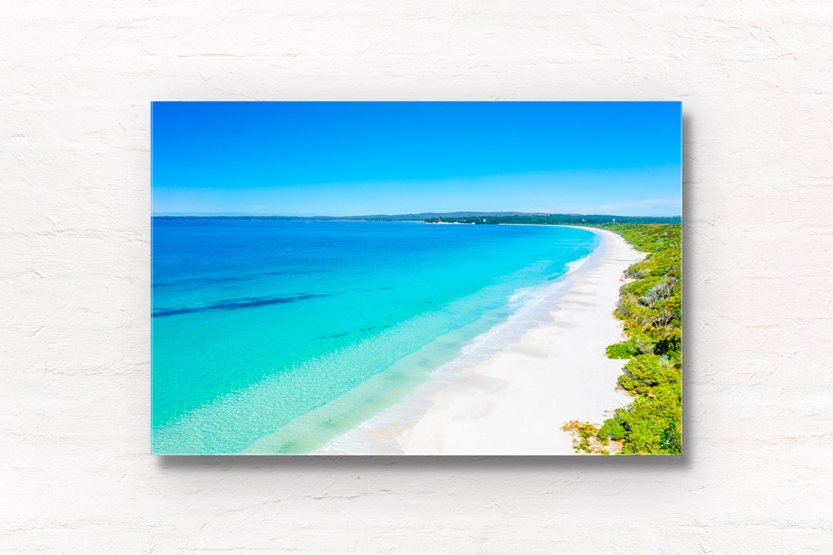 White Sands Hyams Beach. Aerial view above the Whitest sand beach in the world in NSW South Coast, Jervis Bay. Framed art photography, wall art prints by Allan Chan.