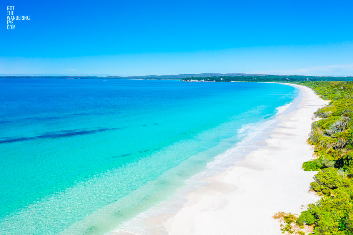 White Sands Hyams Beach. Aerial view above the Whitest sand beach in the world in NSW South Coast, Jervis Bay.