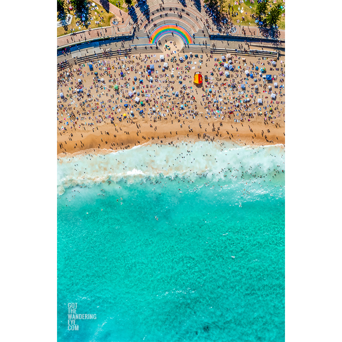 Aerial photography above Coogee Beach Rainbow Path, during a crowded summers day.